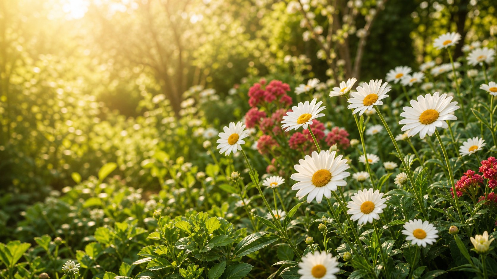 Sunlit garden border of white daisies and wildflowers