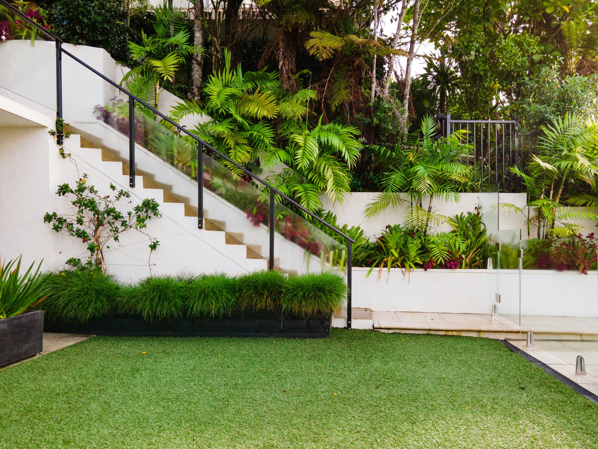 Modern landscaped backyard with a tidy lawn, steps and tropical planting